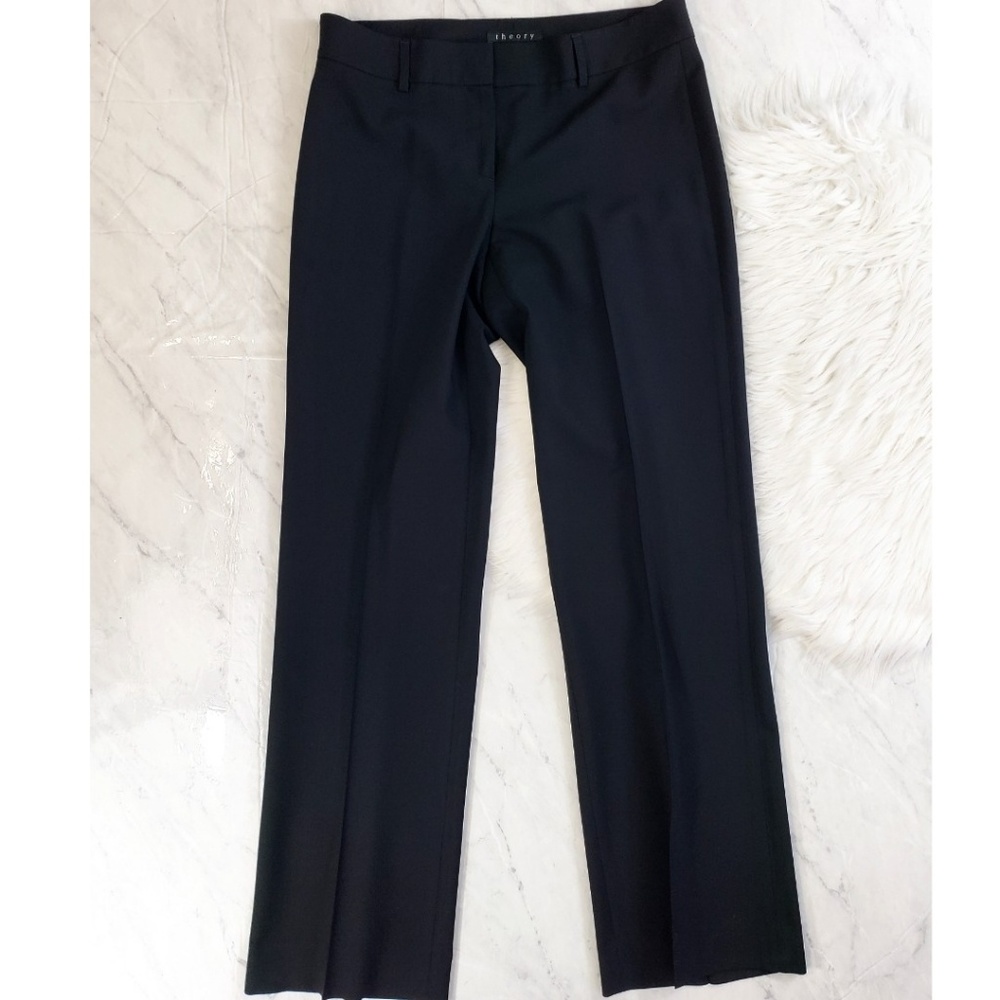 Theory Black Wool Wide Leg Trouser Pleated Pants